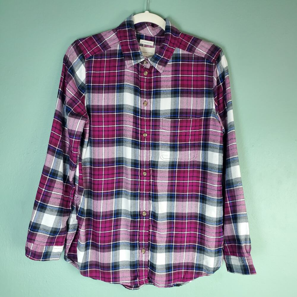 American Eagle Ahh-mazingly Soft Pink Plaid Boyfriend Fit Button Up Shirt Size M
